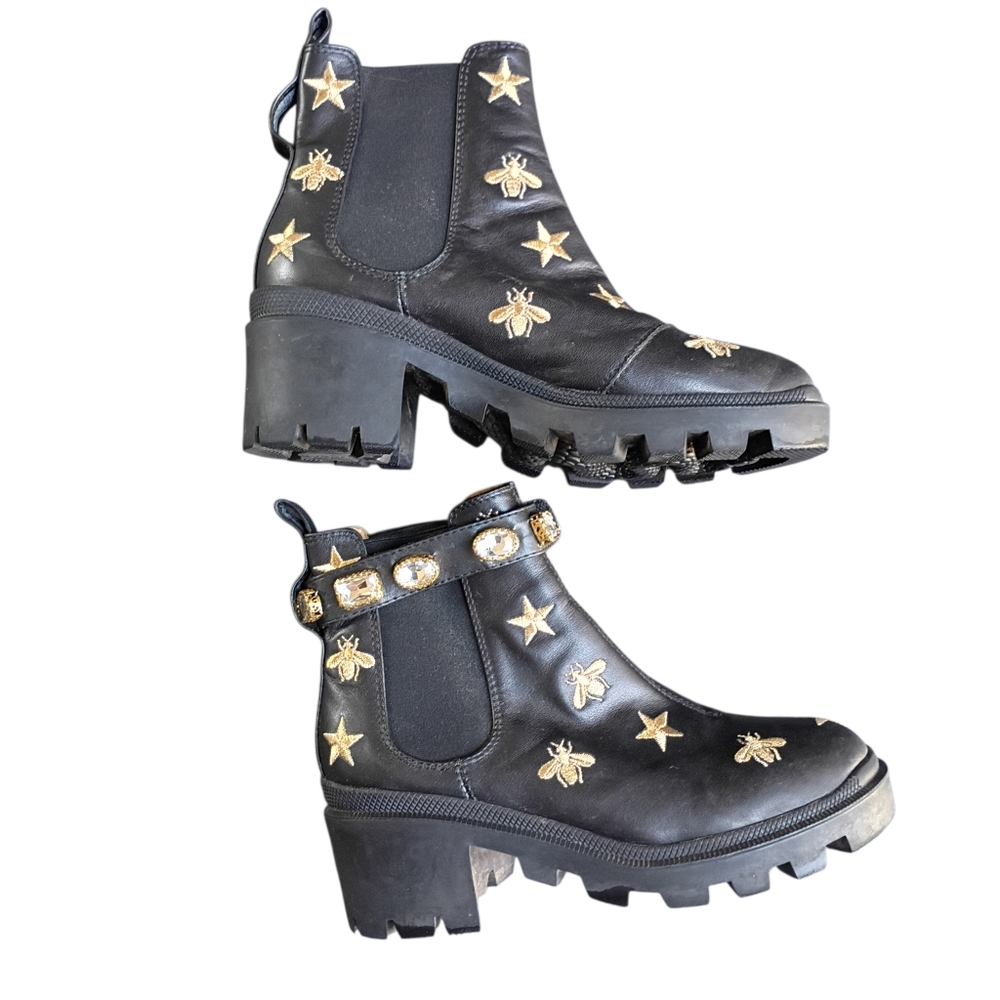 Gucci Stars and Bee Embroidered Leather Ankle Boots -Black Size 7.5 - 8 US - Picture 6 of 12